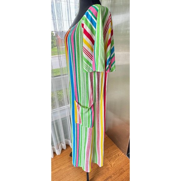 Vintage 80s terrycloth robe/coverup, pink blue yellow green orange red stripes - Picture 5 of 8
